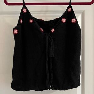 Vintage black knitted tank top ties in the front pink flowers size Medium